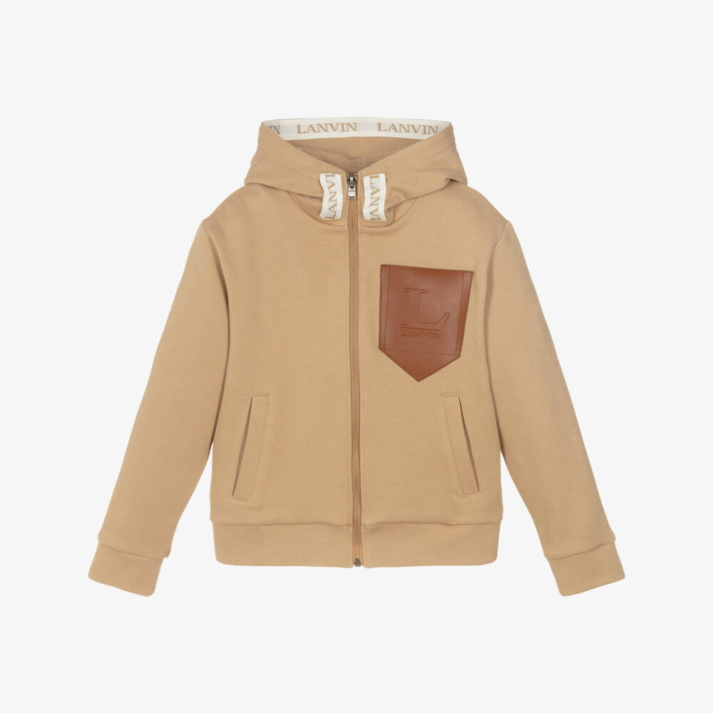 Lanvin-Boys Beige Cotton Hooded Zip-Up Top with L Lanvin Logo | Childrensalon Outlet