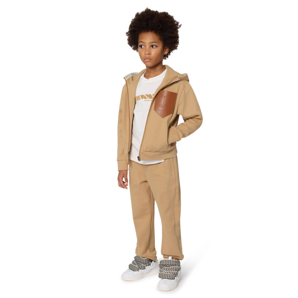Lanvin-Boys Beige Cotton Hooded Zip-Up Top with L Lanvin Logo | Childrensalon Outlet