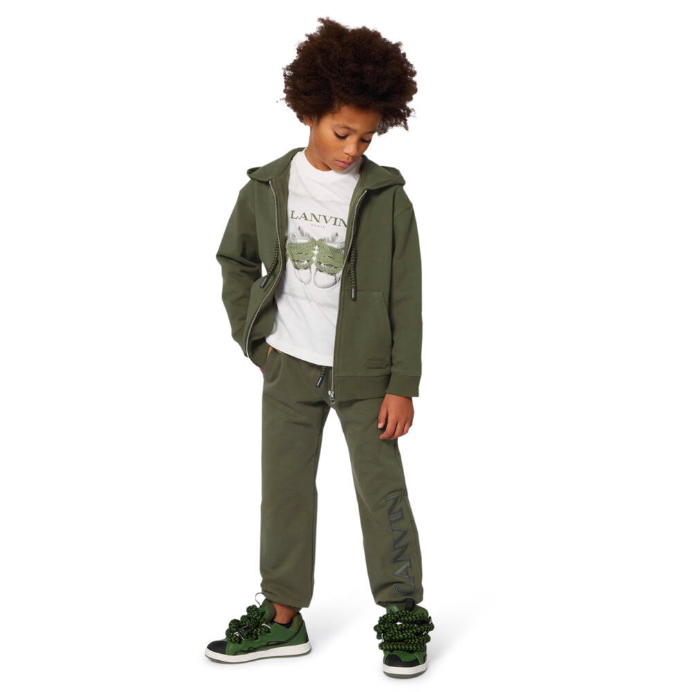 Lanvin-Boys Green Cotton Hooded Zip-Up Top with Snake Curb Laces | Childrensalon Outlet