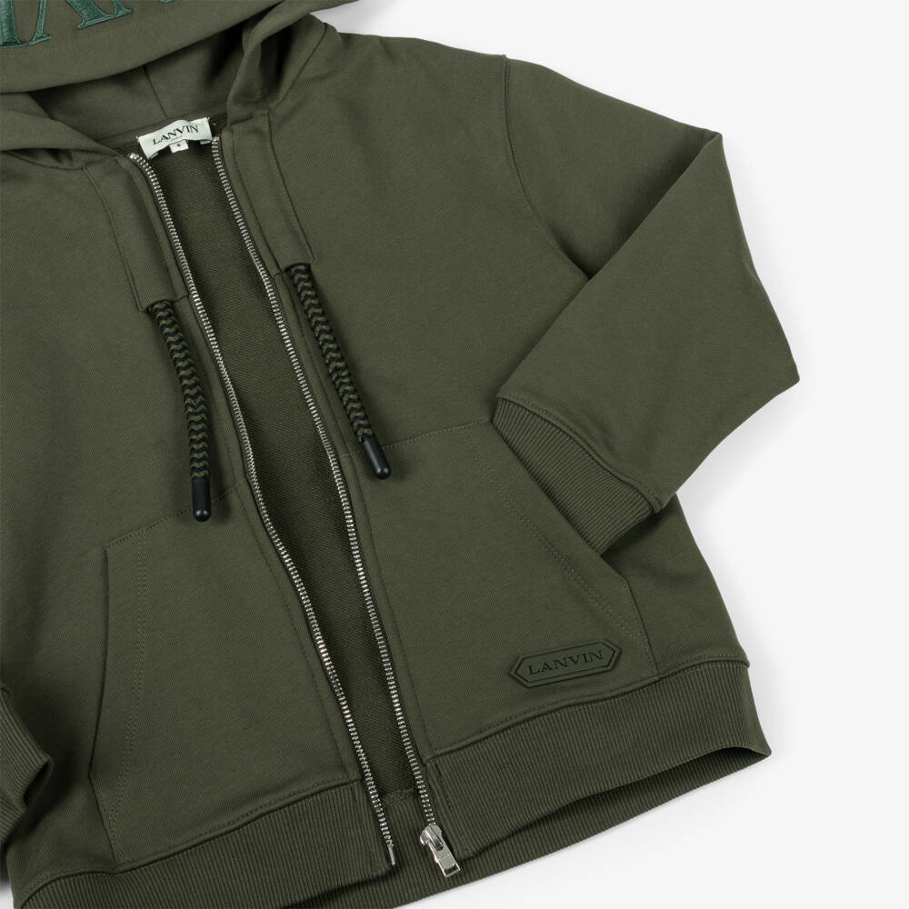 Lanvin-Boys Green Cotton Hooded Zip-Up Top with Snake Curb Laces | Childrensalon Outlet