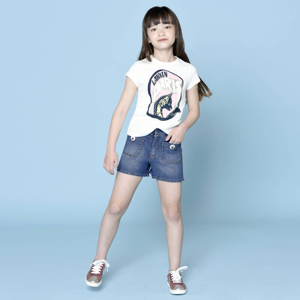 Lanvin-Girls Blue Wash Denim Shorts | Childrensalon Outlet