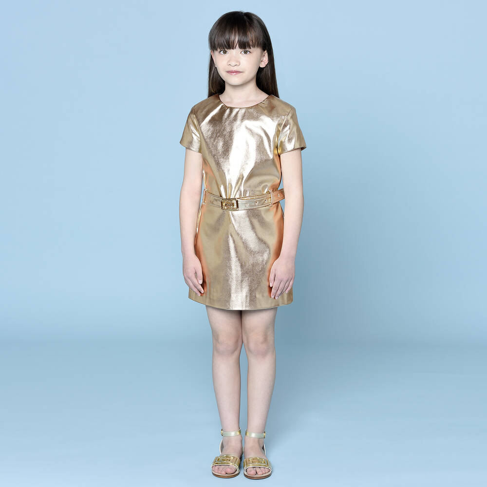 Lanvin-Girls Gold Faux Leather Dress  | Childrensalon Outlet