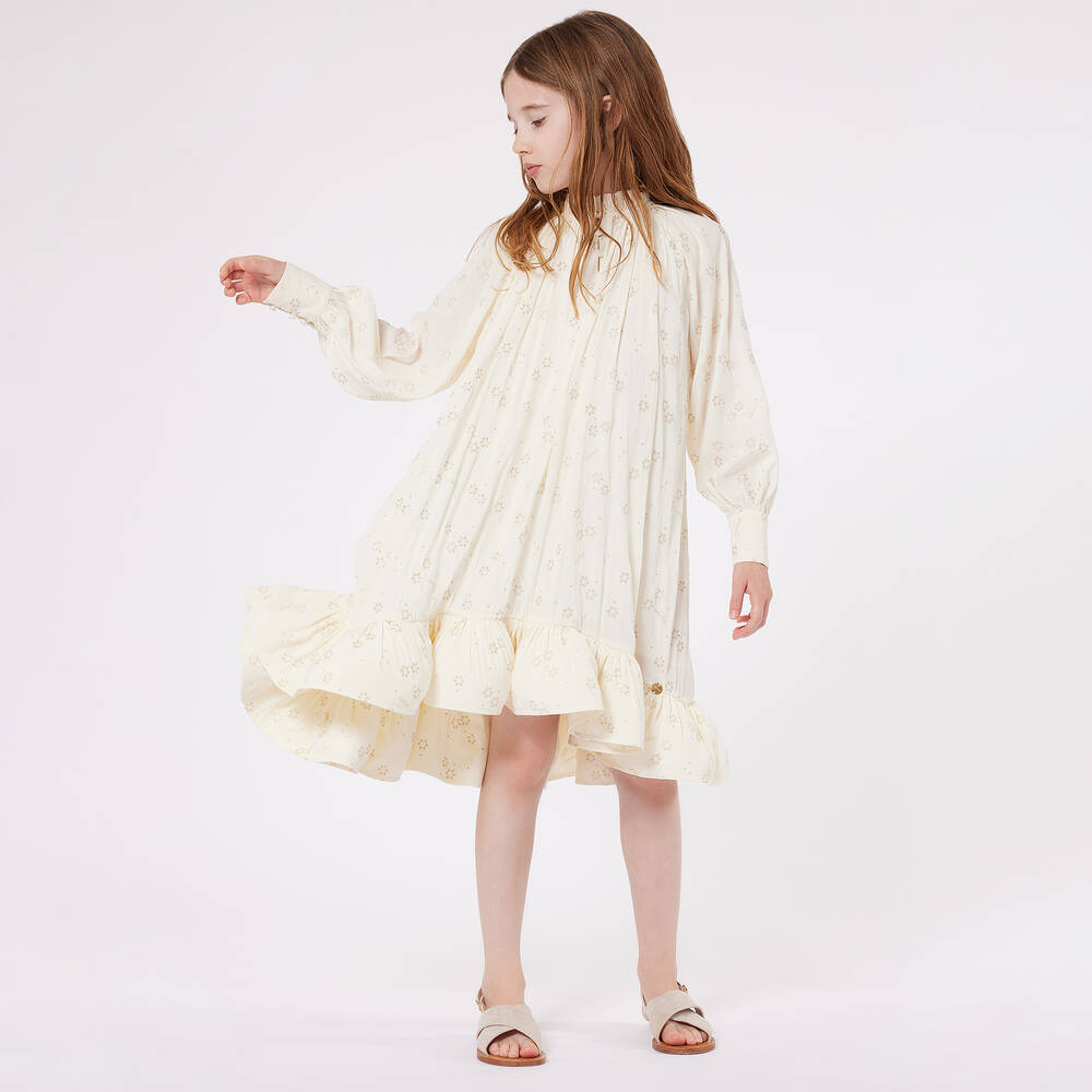 Lanvin Girls Ivory Chiffon High Neck Dress Childrensalon Outlet