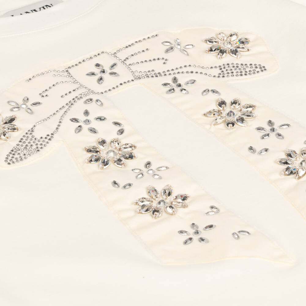 Lanvin-Girls Ivory Organic Cotton Rhinestone Dress | Childrensalon Outlet