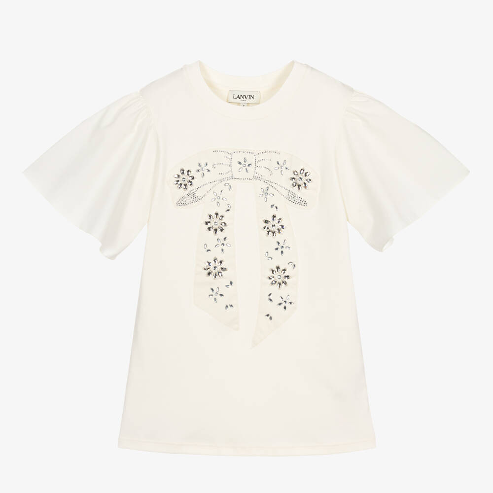 Lanvin-Girls Ivory Organic Cotton Rhinestone Dress | Childrensalon Outlet
