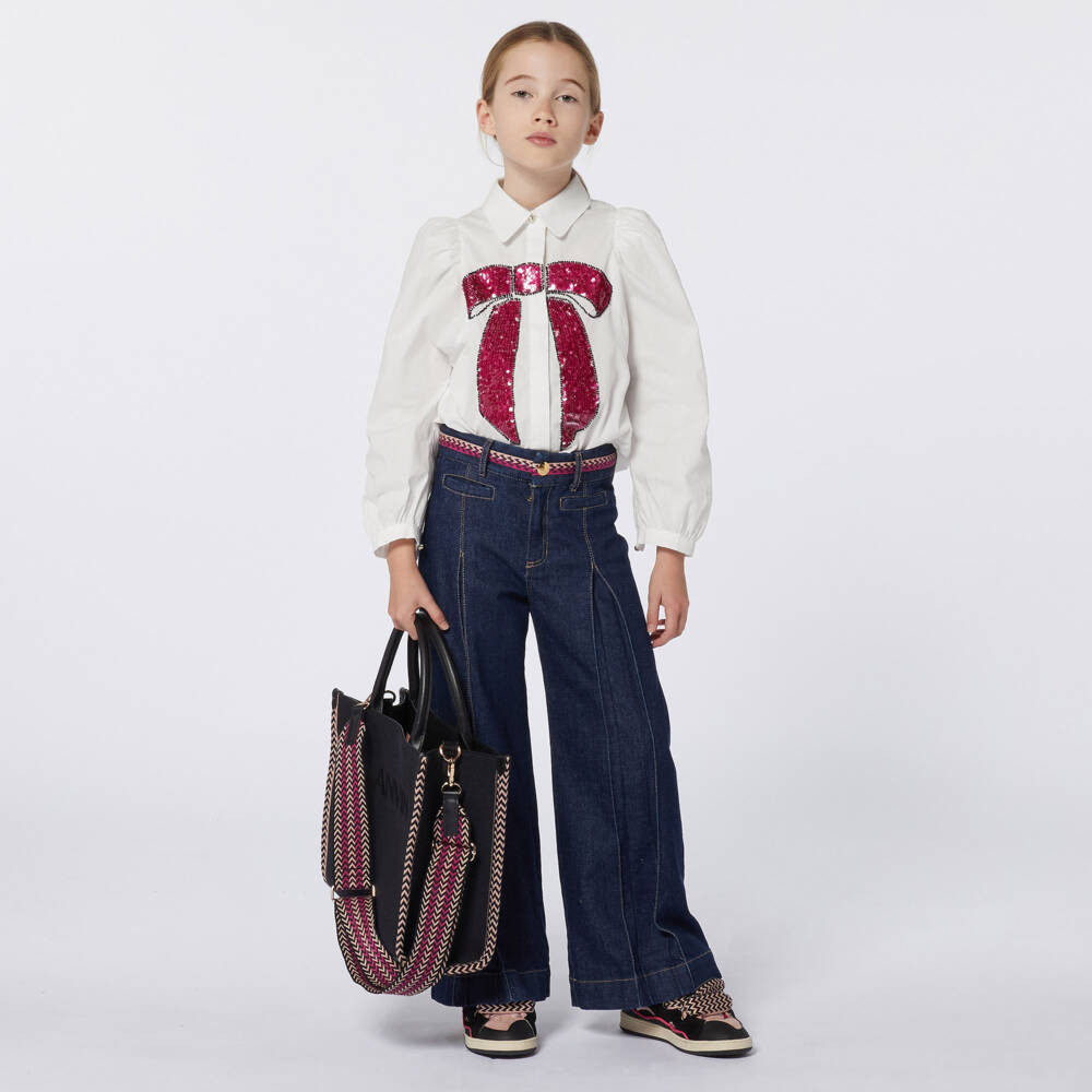 Lanvin-Girls Ivory Sequin Bow Top | Childrensalon Outlet