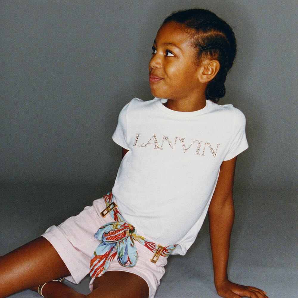 Lanvin-Girls White Cotton Logo T-Shirt | Childrensalon Outlet