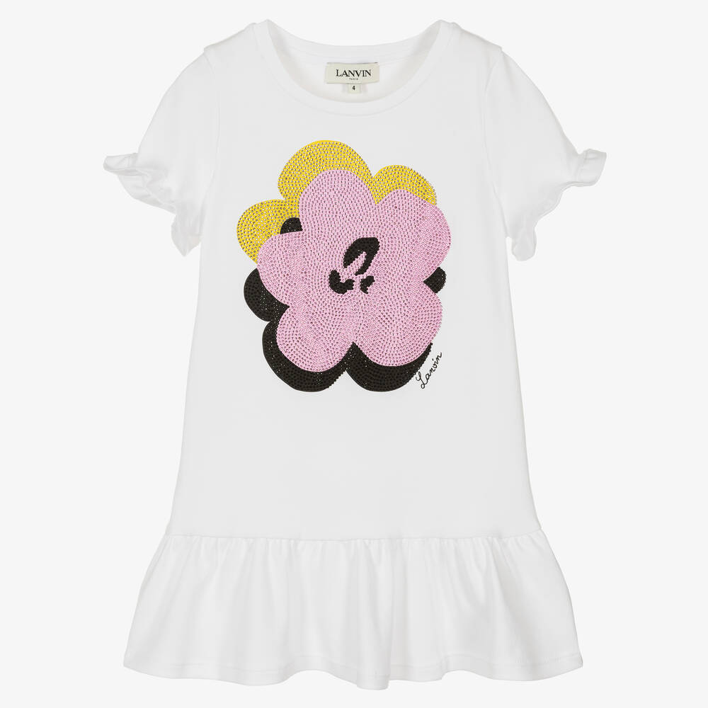 Lanvin - Girls White Daisy Cotton T-Shirt Dress | Childrensalon