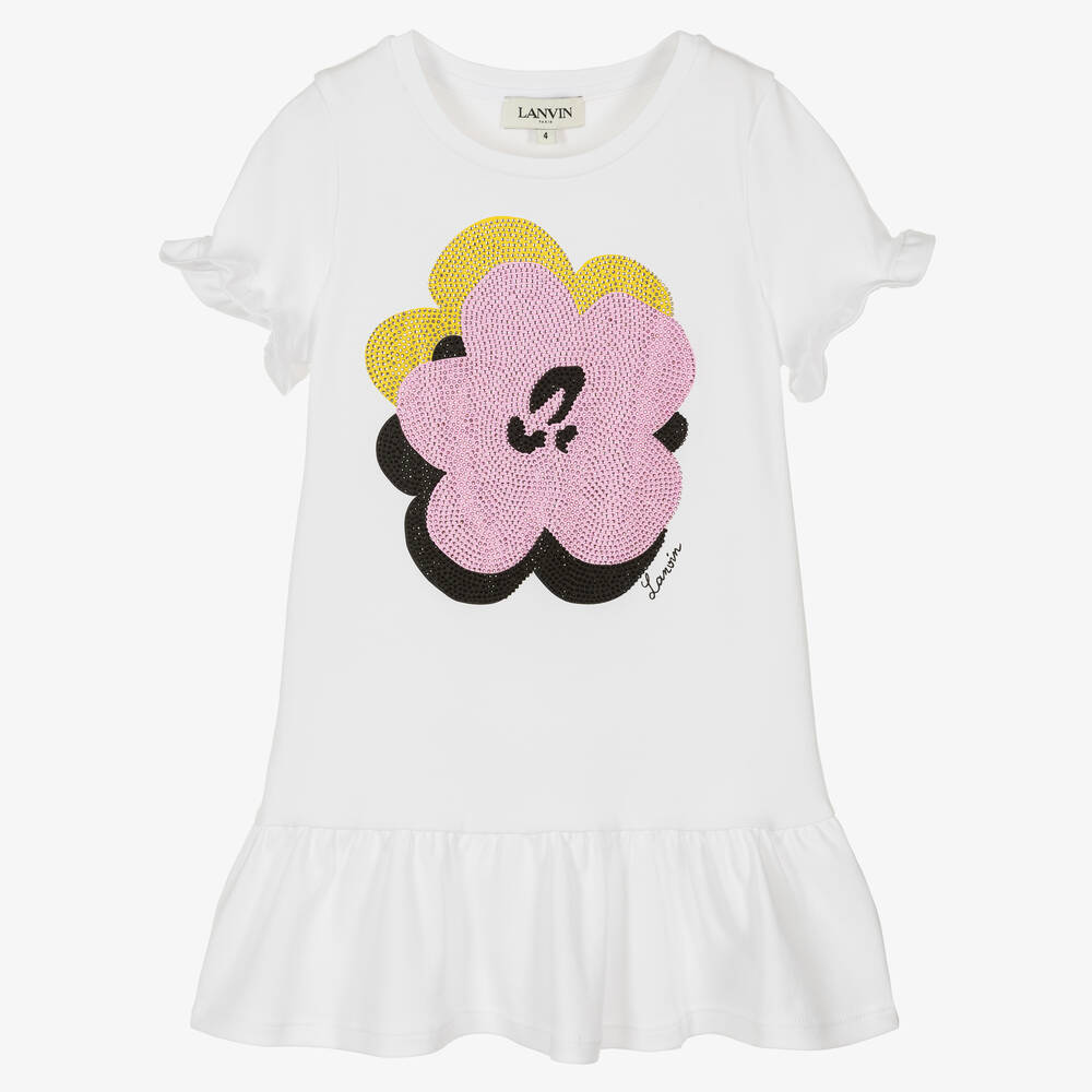 Lanvin-فستان تيشيرت قطن لون أبيض | Childrensalon Outlet