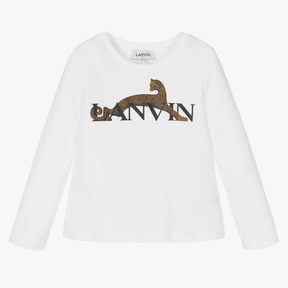 Lanvin-Girls White Leopard Logo Top | Childrensalon Outlet