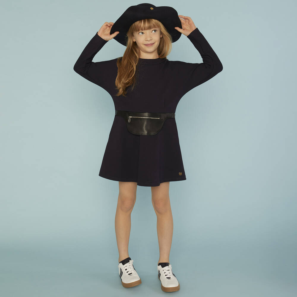 Lanvin-Navy Blue Jersey Belt Dress | Childrensalon Outlet
