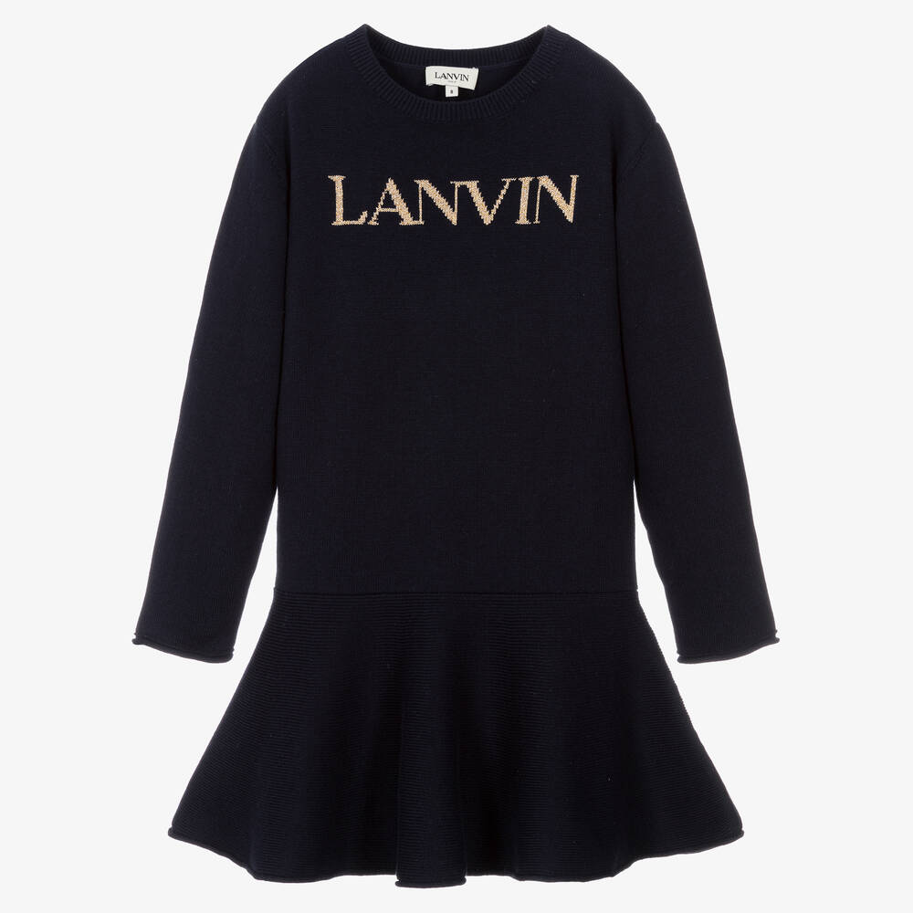 Lanvin - فستان مزيج قطن وصوف محبوك لون كحلي تينز بناتي | Childrensalon