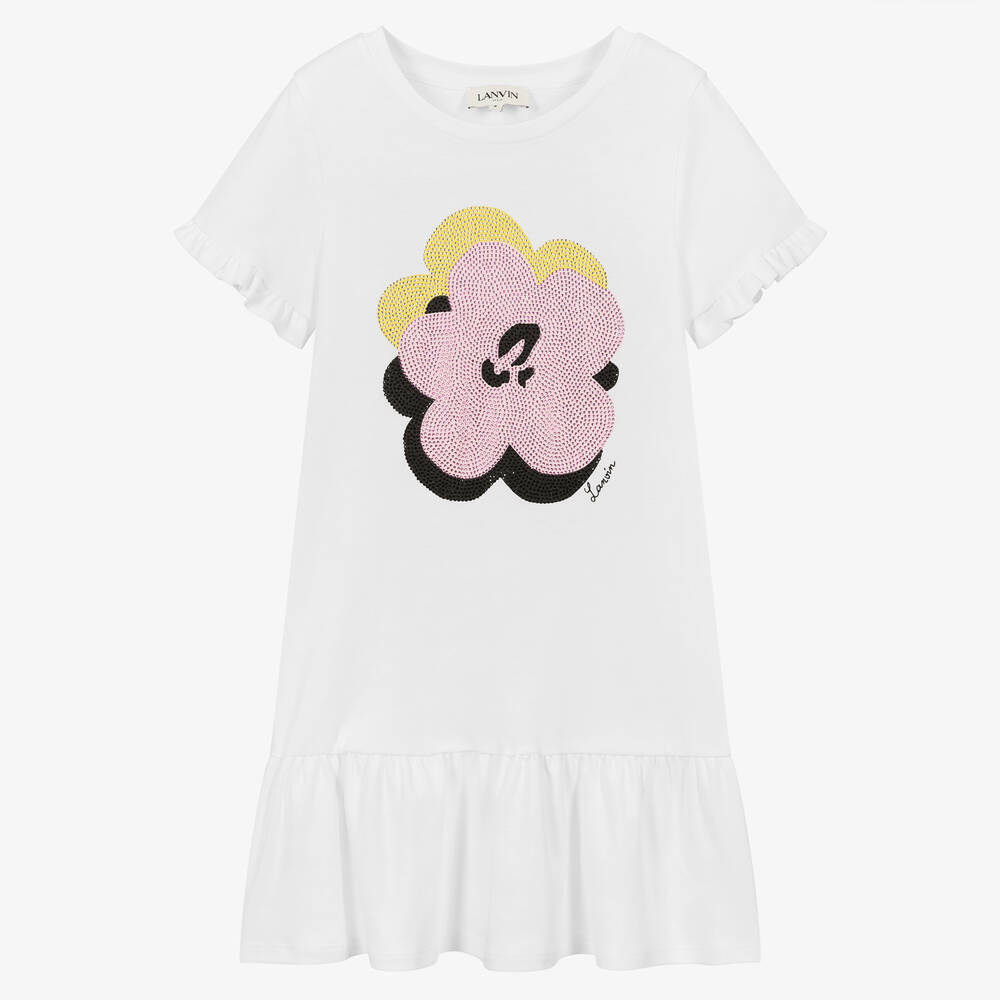 Lanvin-فستان تيشيرت تينز بناتي قطن لون أبيض | Childrensalon Outlet