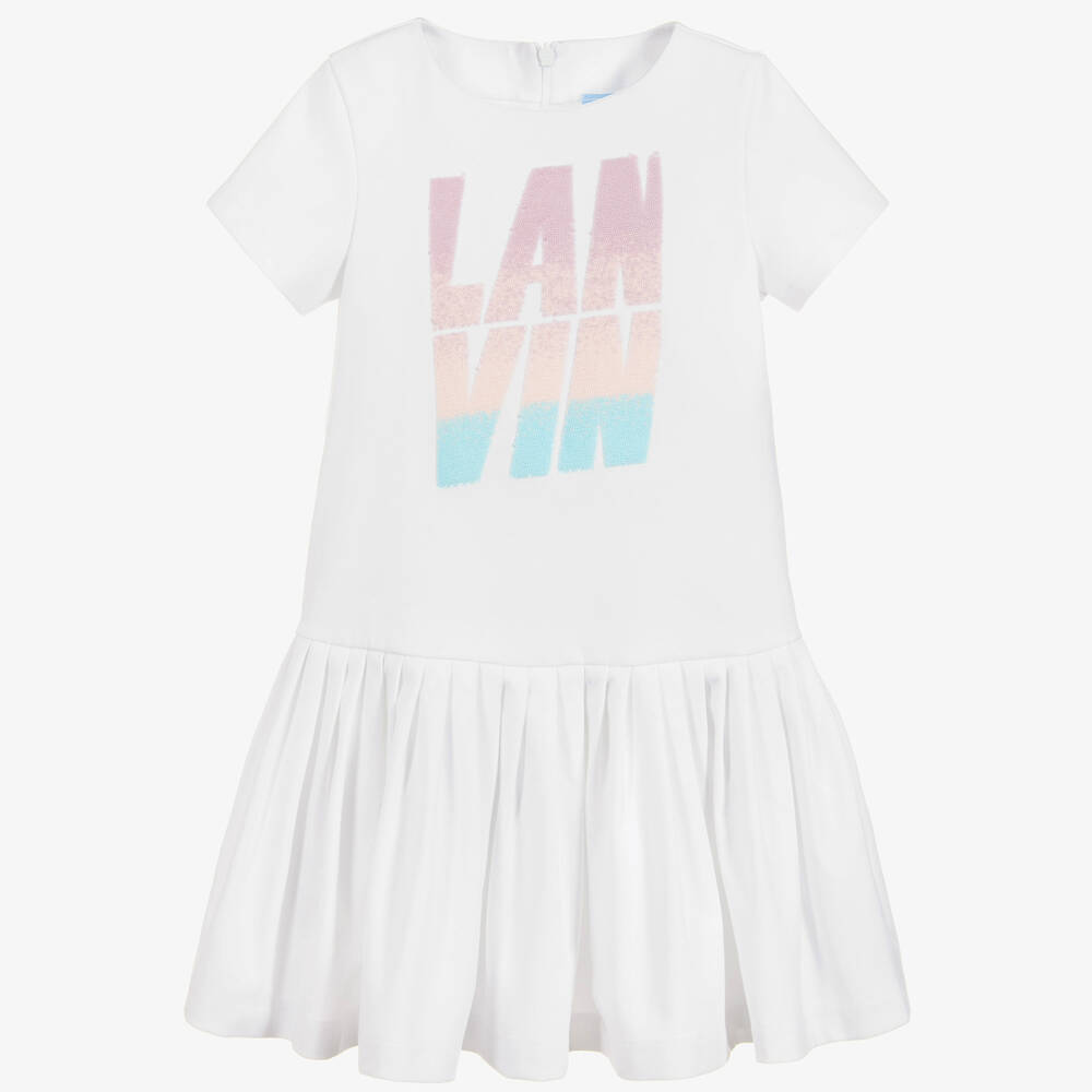 Lanvin - فستان جيرسي بلوغو ترتر لون أبيض | Childrensalon