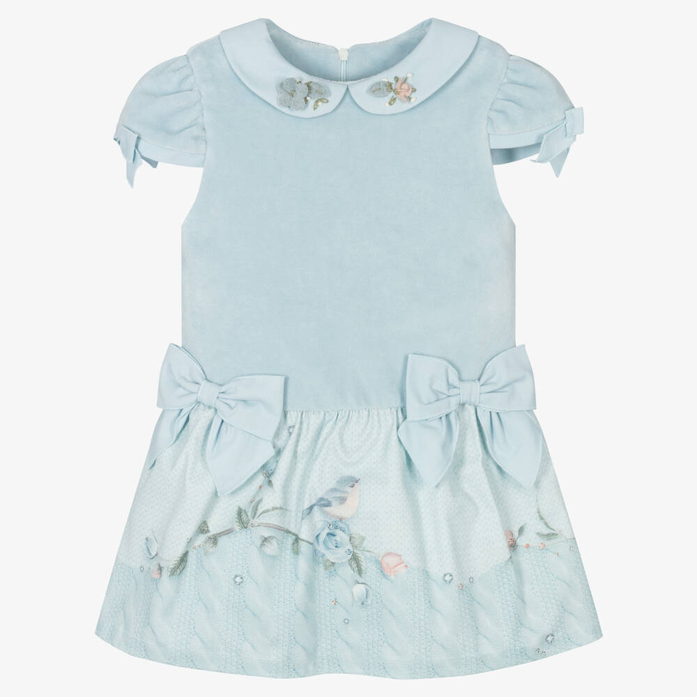 Lapin House - Robe cyan en velours à nœuds | Childrensalon