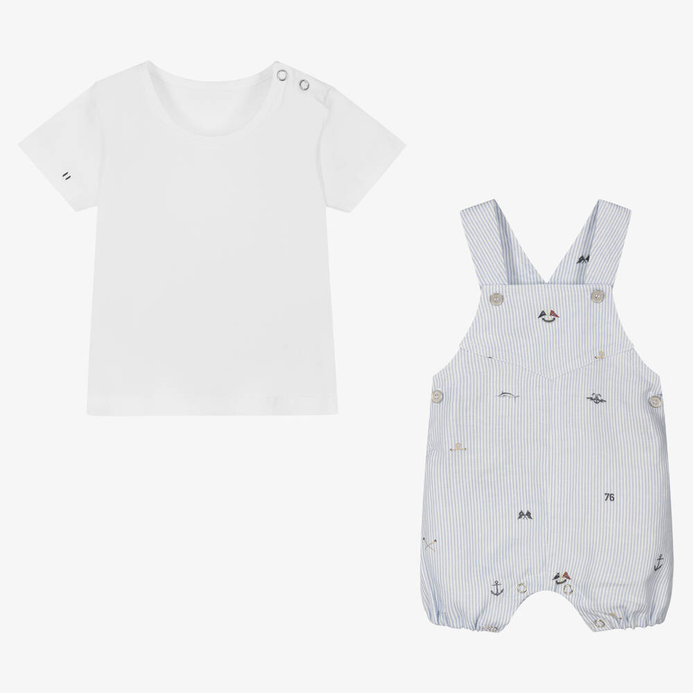 Lapin House-طقم دانغريز قطن وكتان مقلم لون أبيض أزرق للمواليد | Childrensalon Outlet