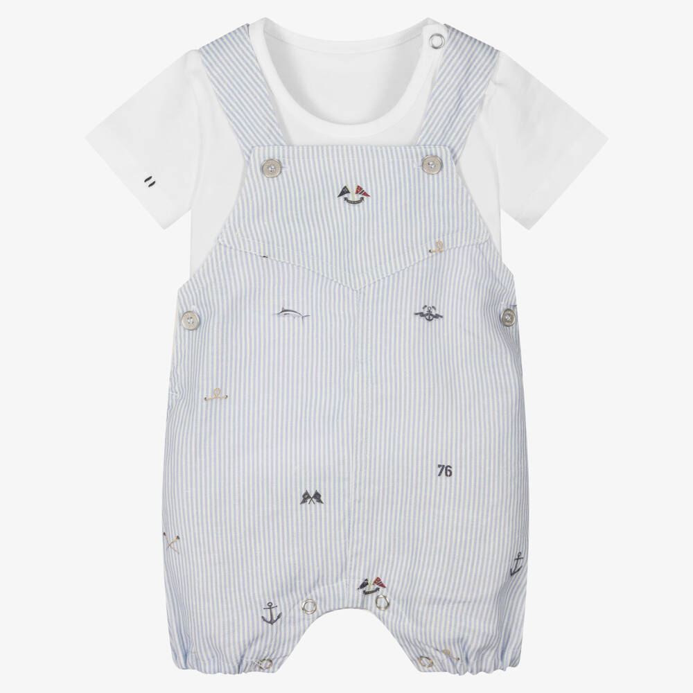 Lapin House-طقم دانغريز قطن وكتان مقلم لون أبيض أزرق للمواليد | Childrensalon Outlet