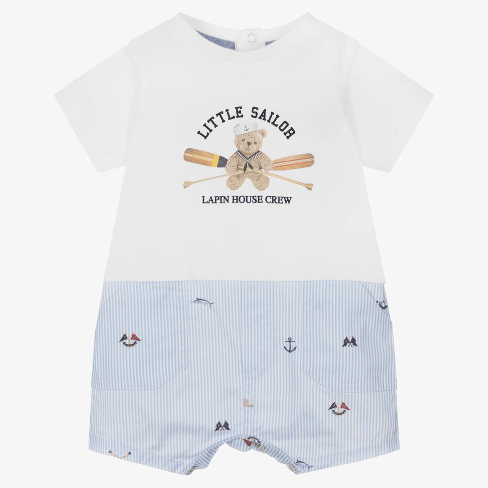 Lapin House - Barboteuse bleue blanche en coton | Childrensalon