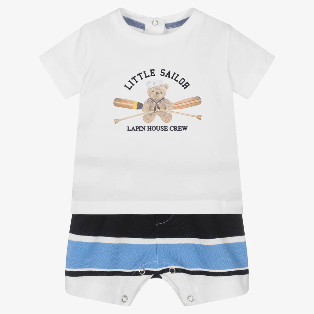 Lapin House-Белая футболка и бело-голубые шорты из хлопка | Childrensalon Outlet