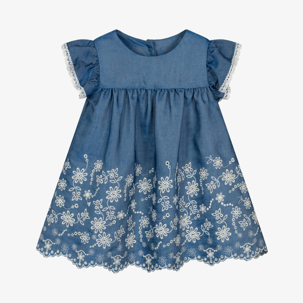 Lapin House-Baby Girls Blue Chambray Embroidered Dress | Childrensalon Outlet