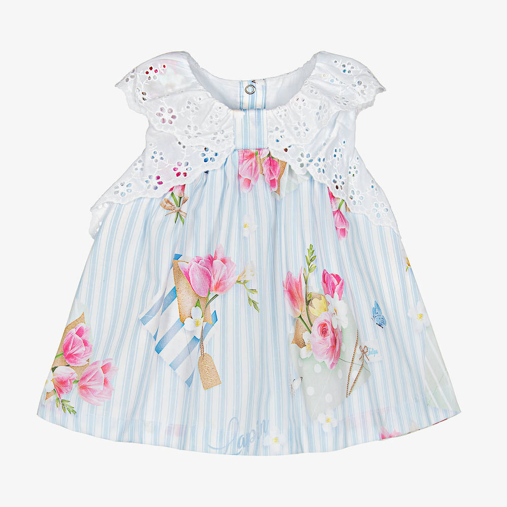Lapin House - Baby Girls Blue Striped Cotton Floral Dress | Childrensalon