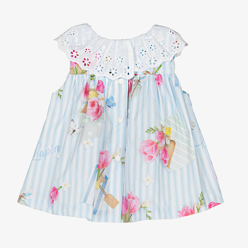 Lapin House-فستان قطن بوبلين مقلم لون أبيض وأزرق للمولودات | Childrensalon Outlet