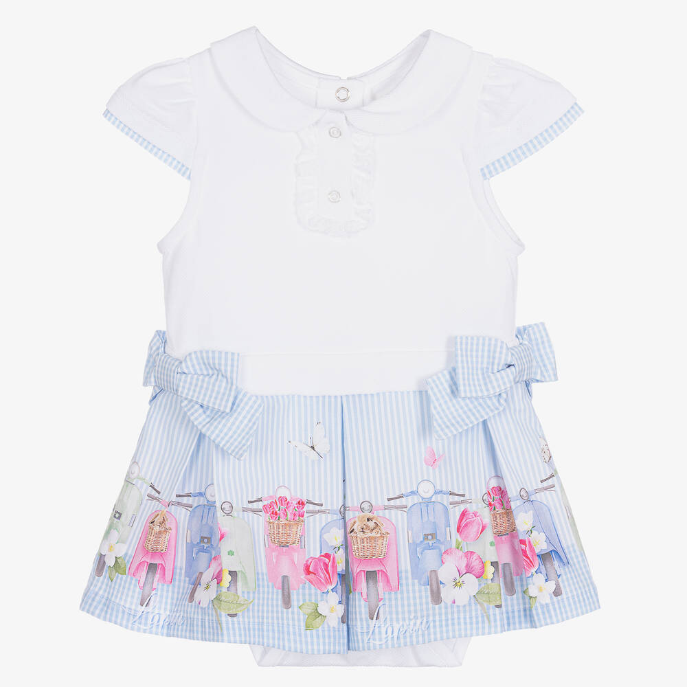 Lapin House - Baby Girls White & Blue Cotton Dress | Childrensalon