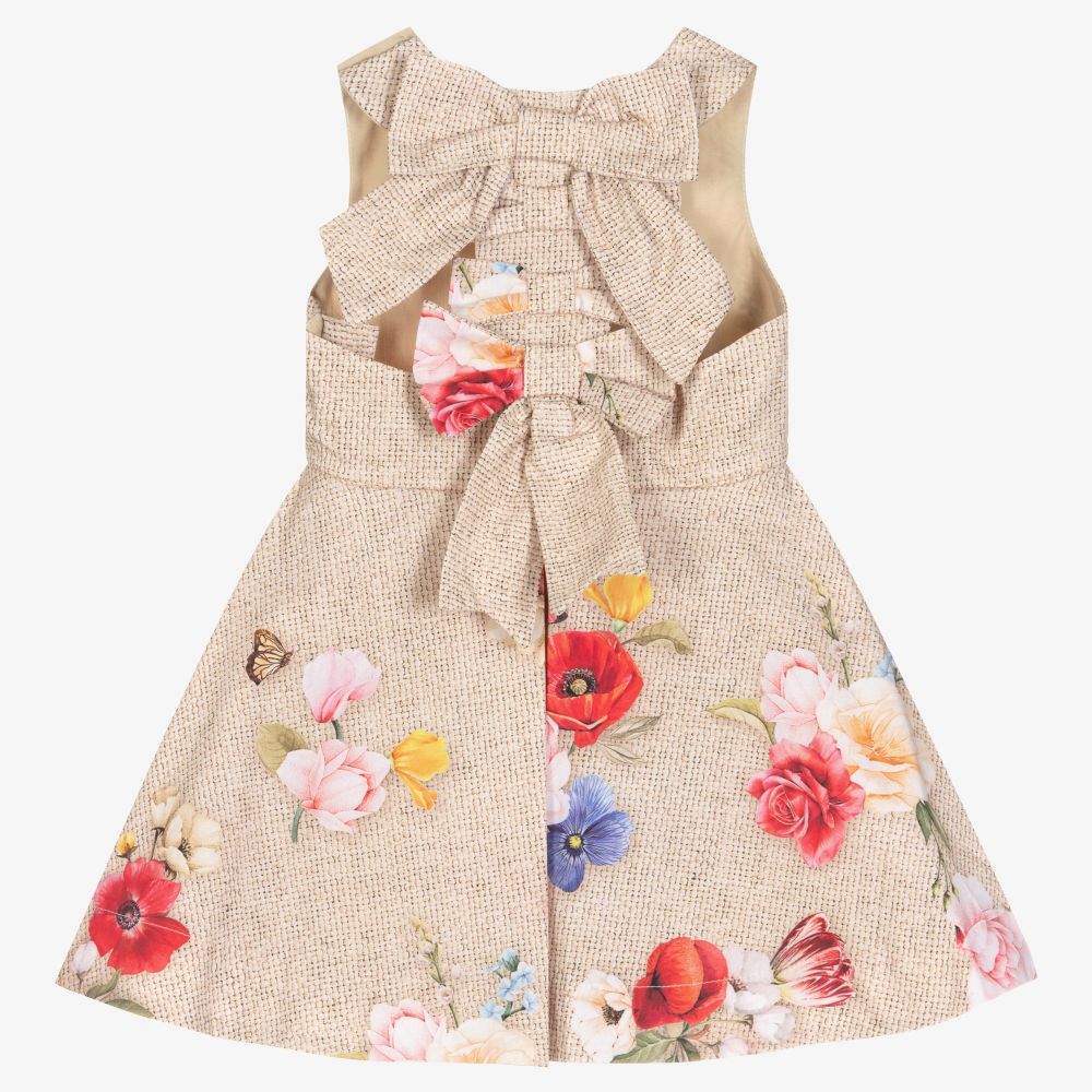 Lapin House-فستان قطن بوبلين لون بيج بطبعة ورود | Childrensalon Outlet