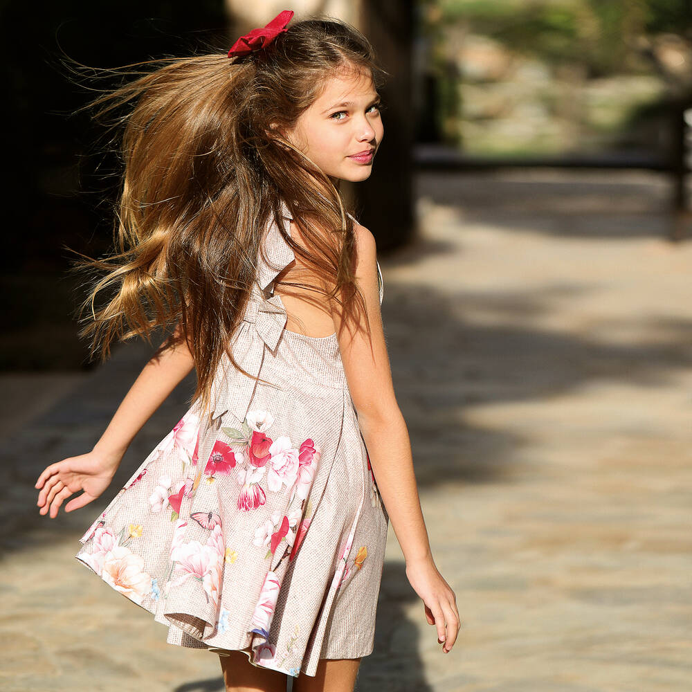 Lapin House-فستان قطن بوبلين لون بيج بطبعة ورود | Childrensalon Outlet