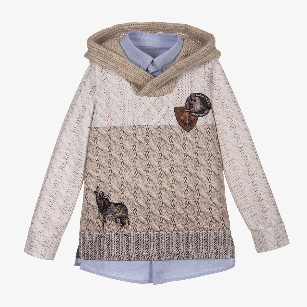 Lapin House - Sweat à capuche beige en maille  | Childrensalon