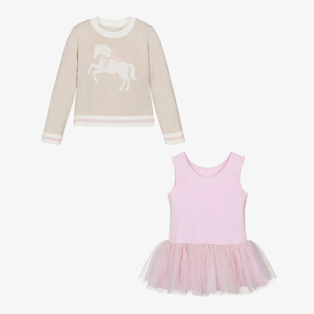 Lapin House-Beige Sweater & Pink Tulle Dress Set | Childrensalon Outlet