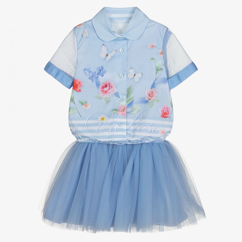 Lapin House - Blaues Baumwollkleid-Set mit Tüll | Childrensalon