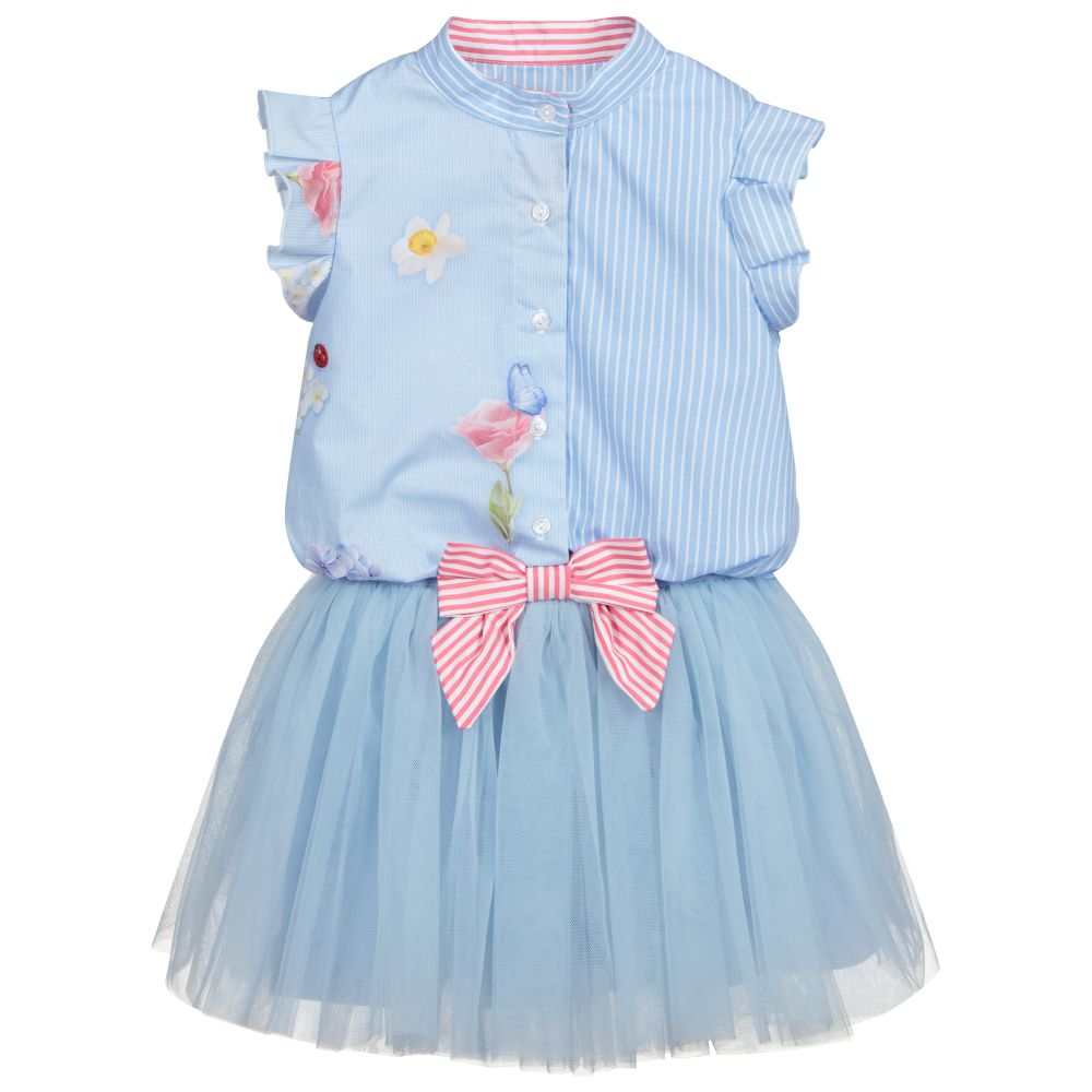 Lapin House-فستان و بلوز قطن جيرسي و تول لون أزرق | Childrensalon Outlet