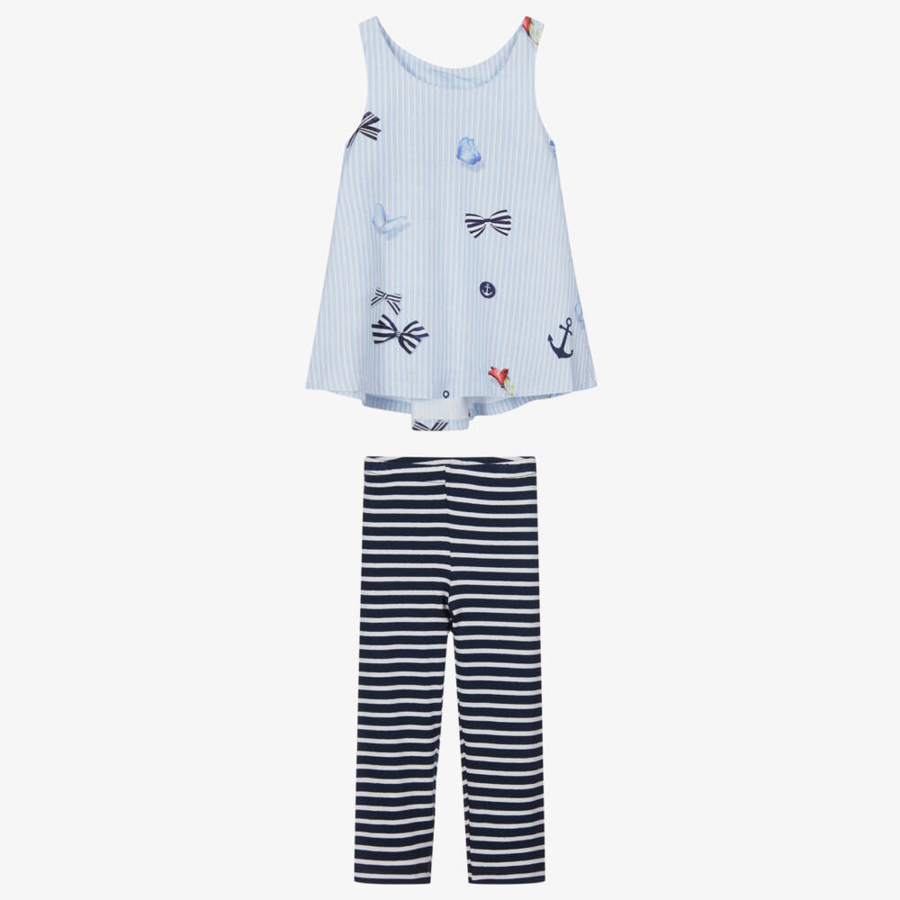 Lapin House-طقم فستان وليغنغز فيسكوز وقطن جيرسي لون أزرق وأبيض | Childrensalon Outlet