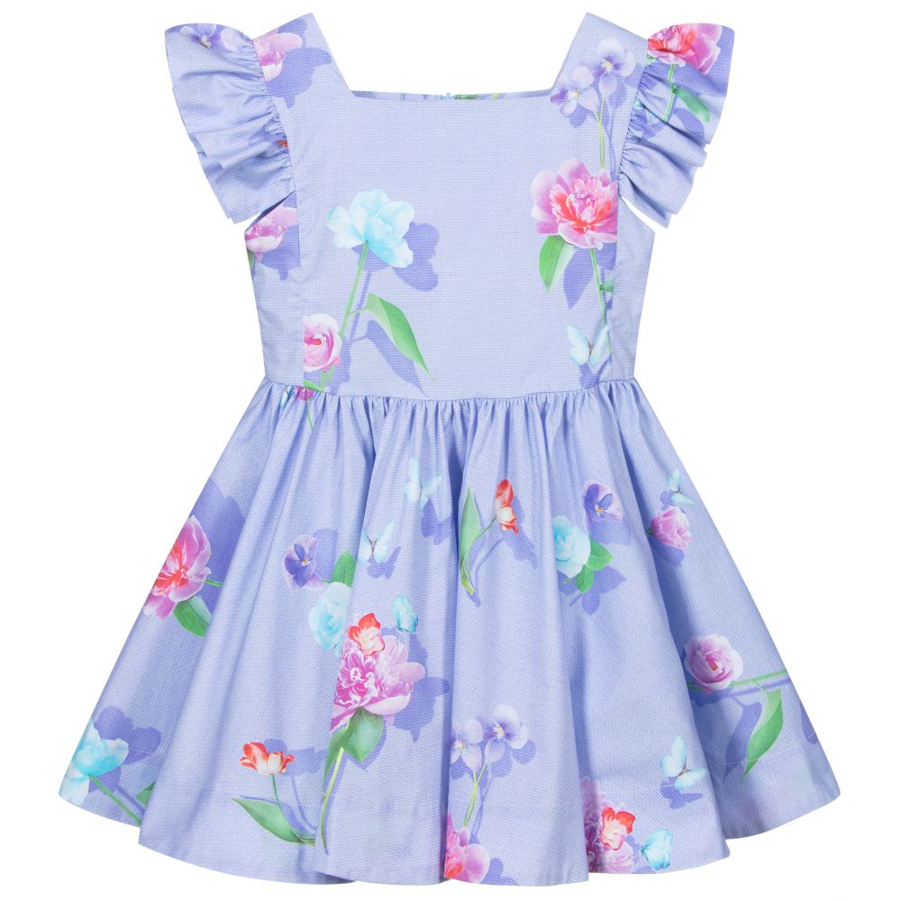Lapin House-فستان قطن جيرسي لون أزرق بطبعة ورود | Childrensalon Outlet