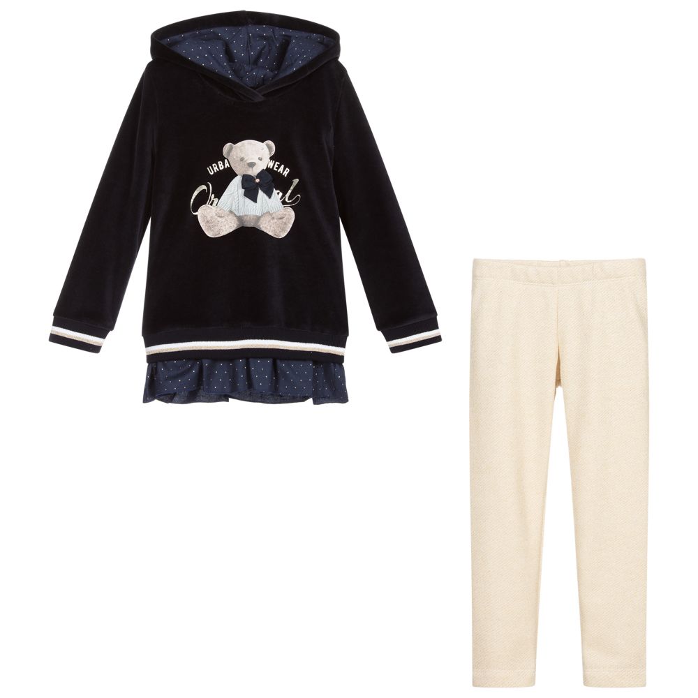 Lapin House-Комплект с синим топом с медвежонком и золотистыми легинсами | Childrensalon Outlet