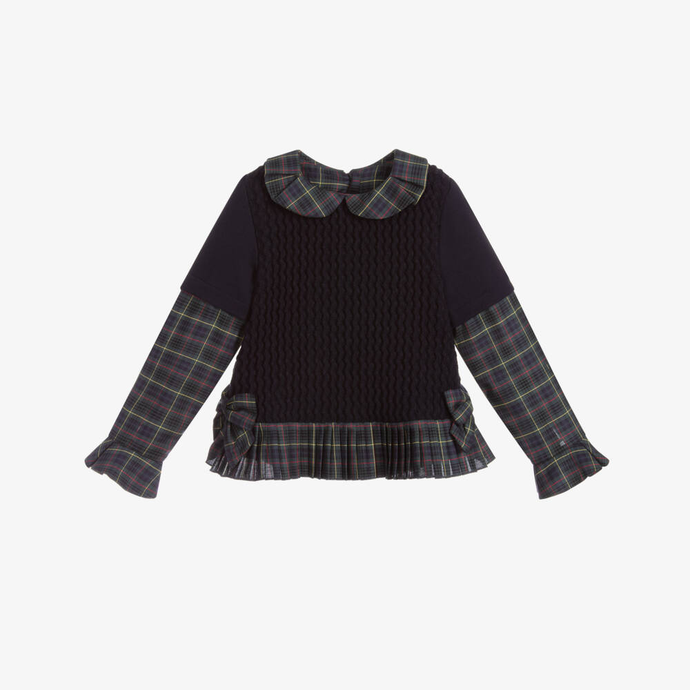 Lapin House-توب تارتان قطن تويل لون كحلي وأخضر للبنات | Childrensalon Outlet