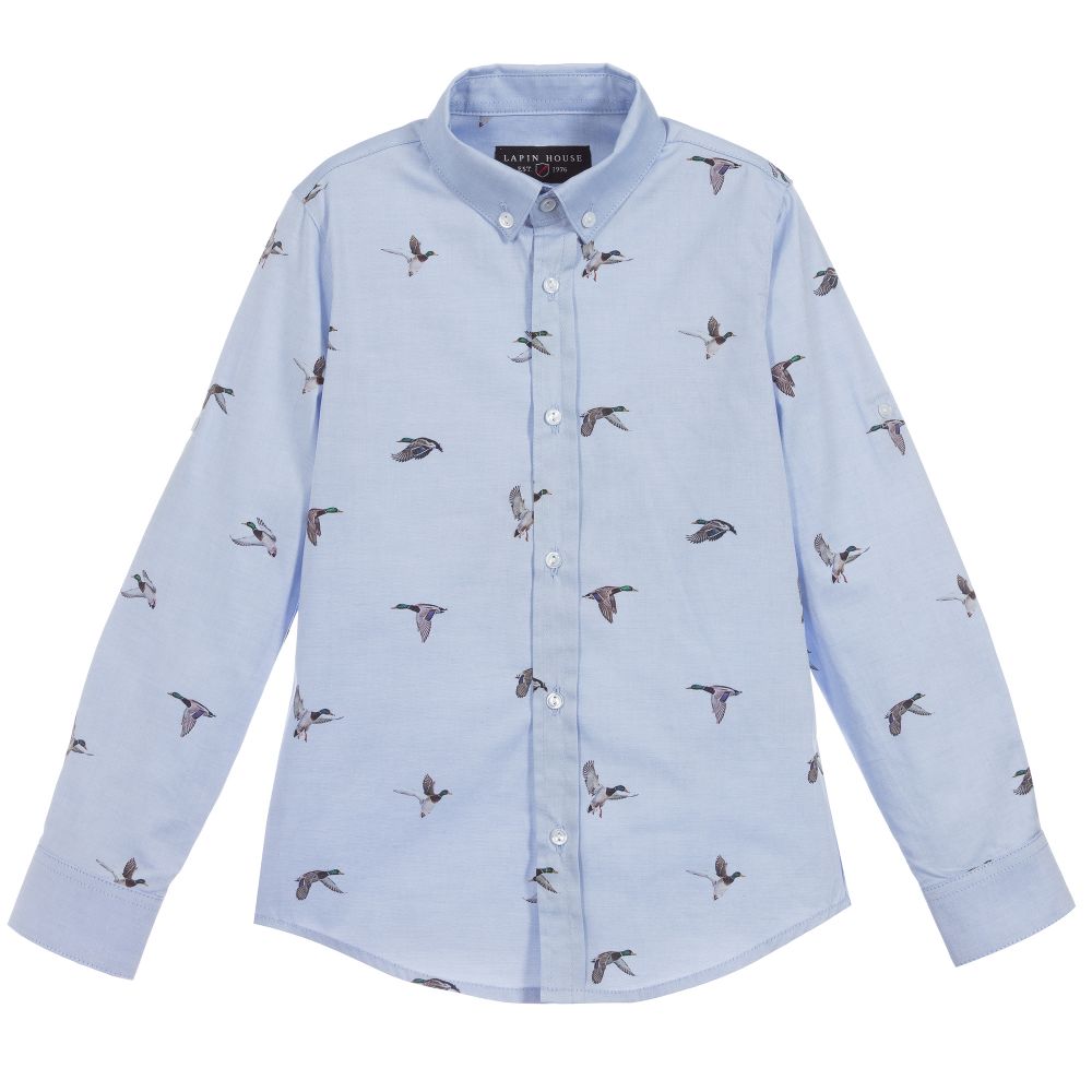 Lapin House - Chemise bleue et grise en coton à motif canard | Childrensalon