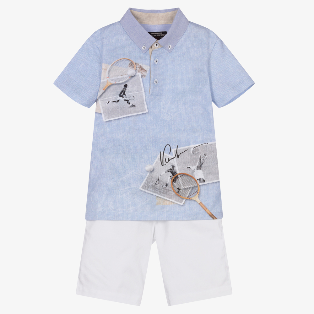 Lapin House-طقم شورت وتوب قطن لون أبيض وأزرق باهت للأولاد | Childrensalon Outlet