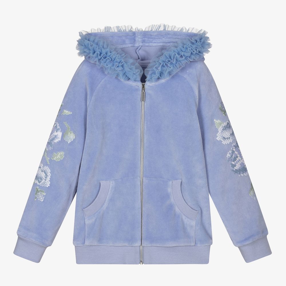 Lapin House - Blue Velour Zip-Up Hooded Top | Childrensalon