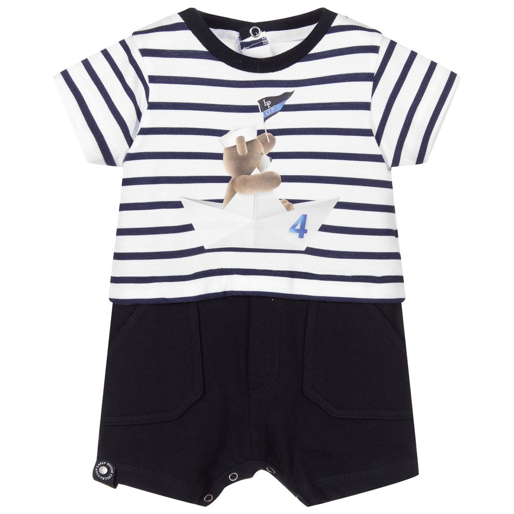 Lapin House - Barboteuse bleue et blanche en coton | Childrensalon