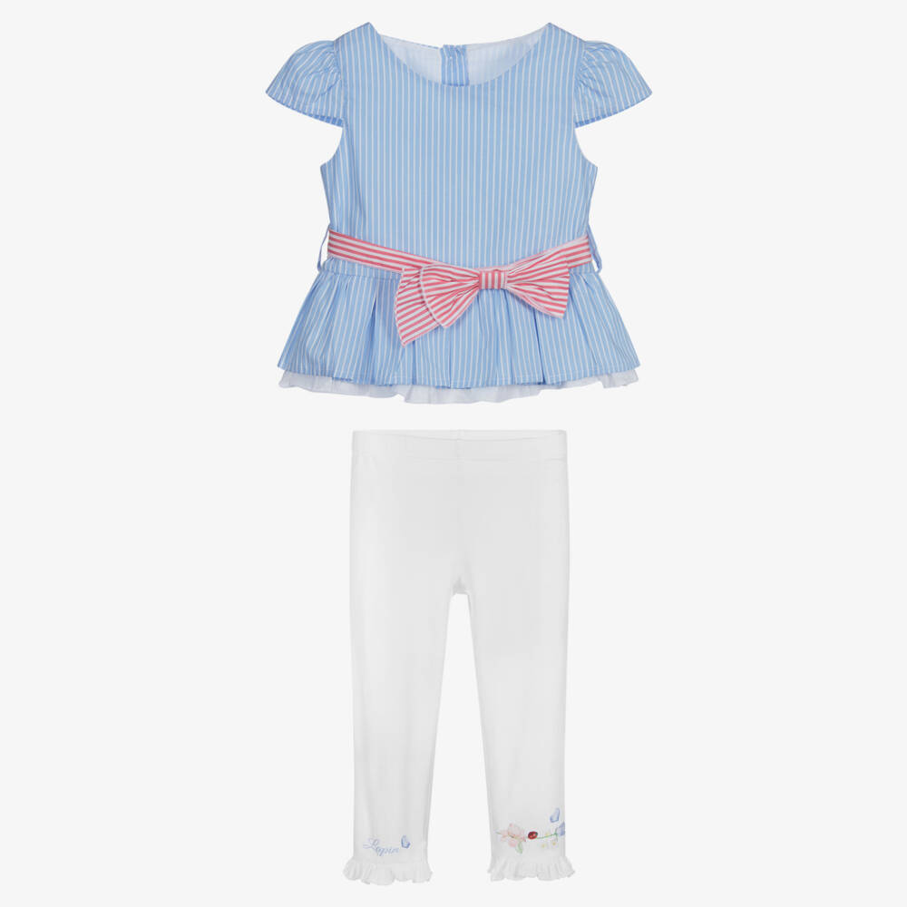 Lapin House-طقم ليغنغز وبلوز قطن جيرسي وبوبلين لون أزرق وأبيض | Childrensalon Outlet