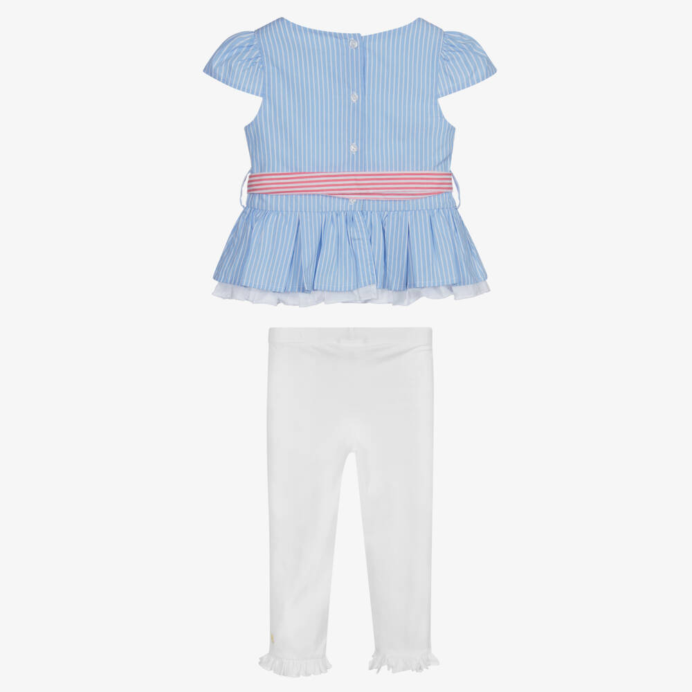 Lapin House-طقم ليغنغز وبلوز قطن جيرسي وبوبلين لون أزرق وأبيض | Childrensalon Outlet