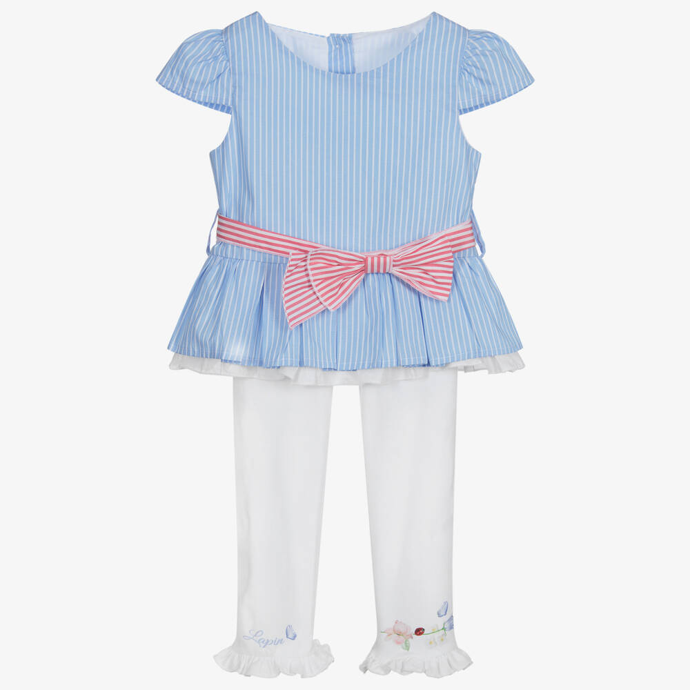 Lapin House-طقم ليغنغز وبلوز قطن جيرسي وبوبلين لون أزرق وأبيض | Childrensalon Outlet