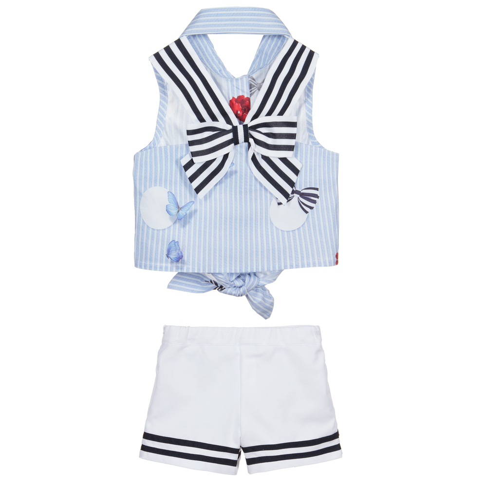 Lapin House-طقم بلوز قطن ستريتش وشورت لون أزرق وأبيض | Childrensalon Outlet