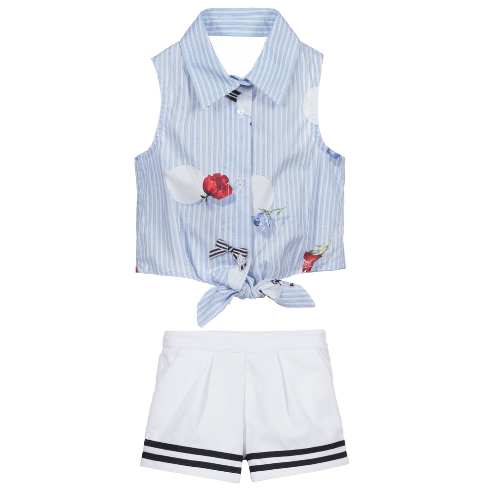 Lapin House-طقم بلوز قطن ستريتش وشورت لون أزرق وأبيض | Childrensalon Outlet