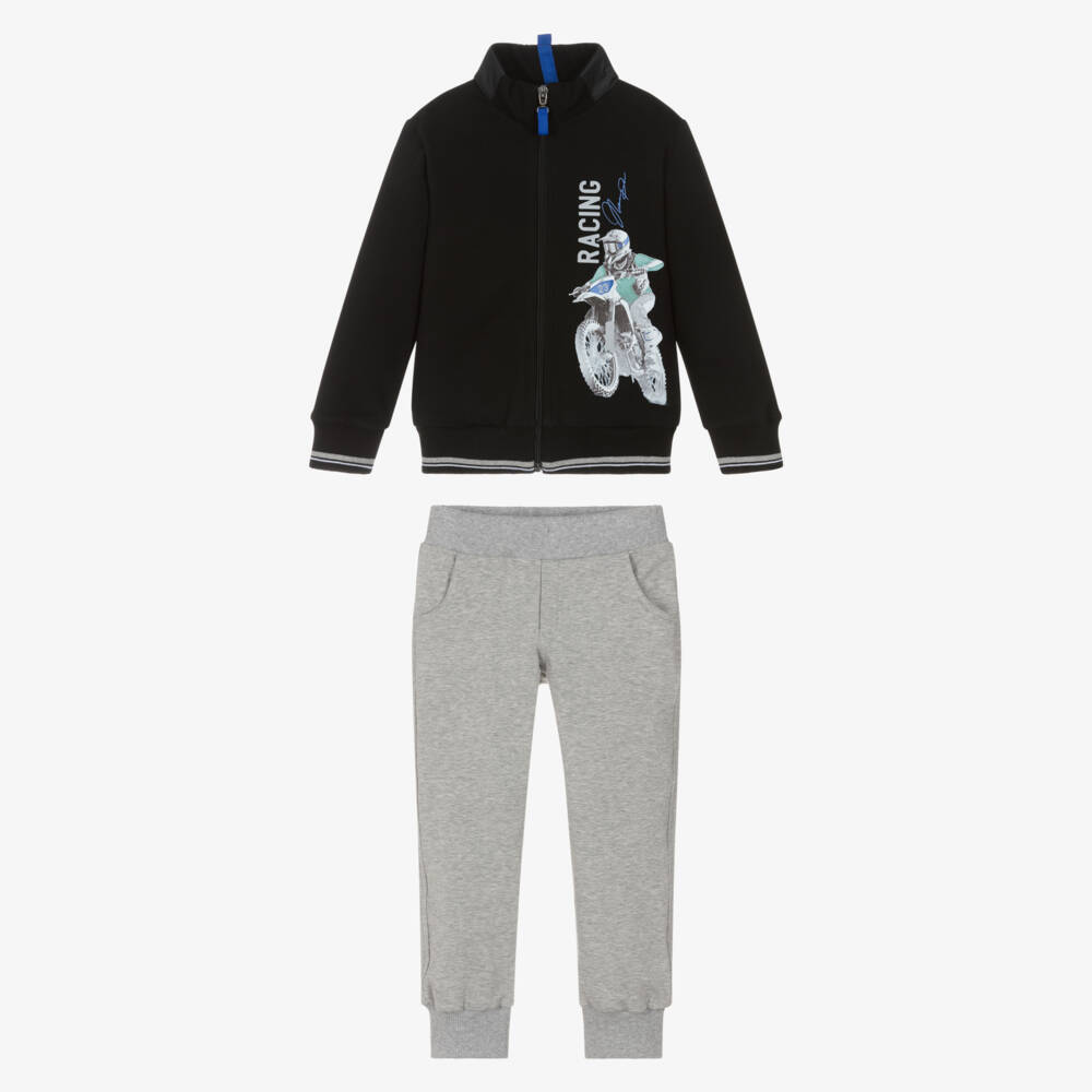 Lapin House-Boys Black & Grey Cotton Tracksuit with Reflective Print | Childrensalon Outlet