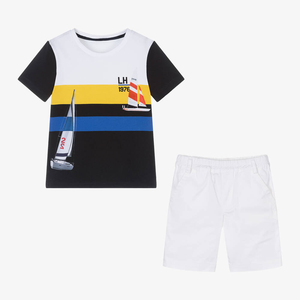 Lapin House-Boys Blue Cotton Boat-Print Shorts Set | Childrensalon Outlet