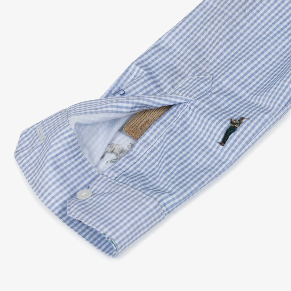 Lapin House-Boys Blue Cotton Gingham Shirt with Polo Theme | Childrensalon Outlet