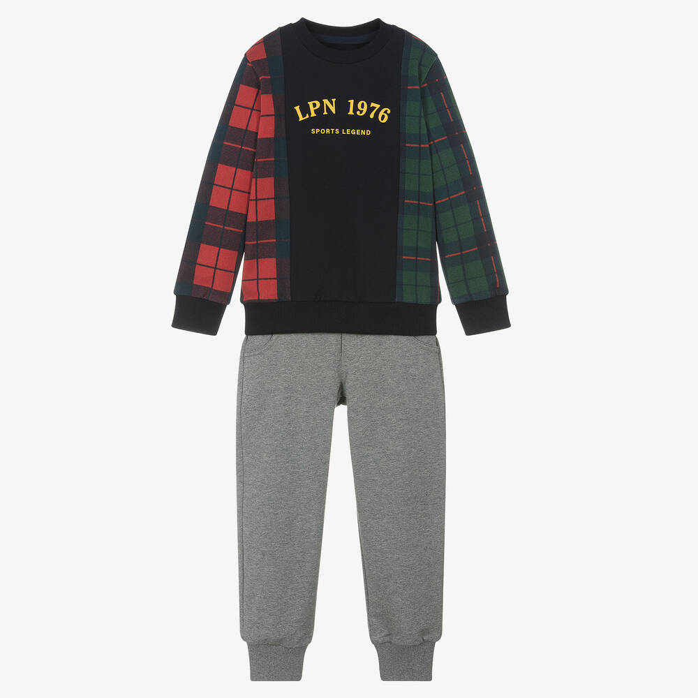 Lapin House - Boys Blue & Grey Cotton Tartan Tracksuit | Childrensalon